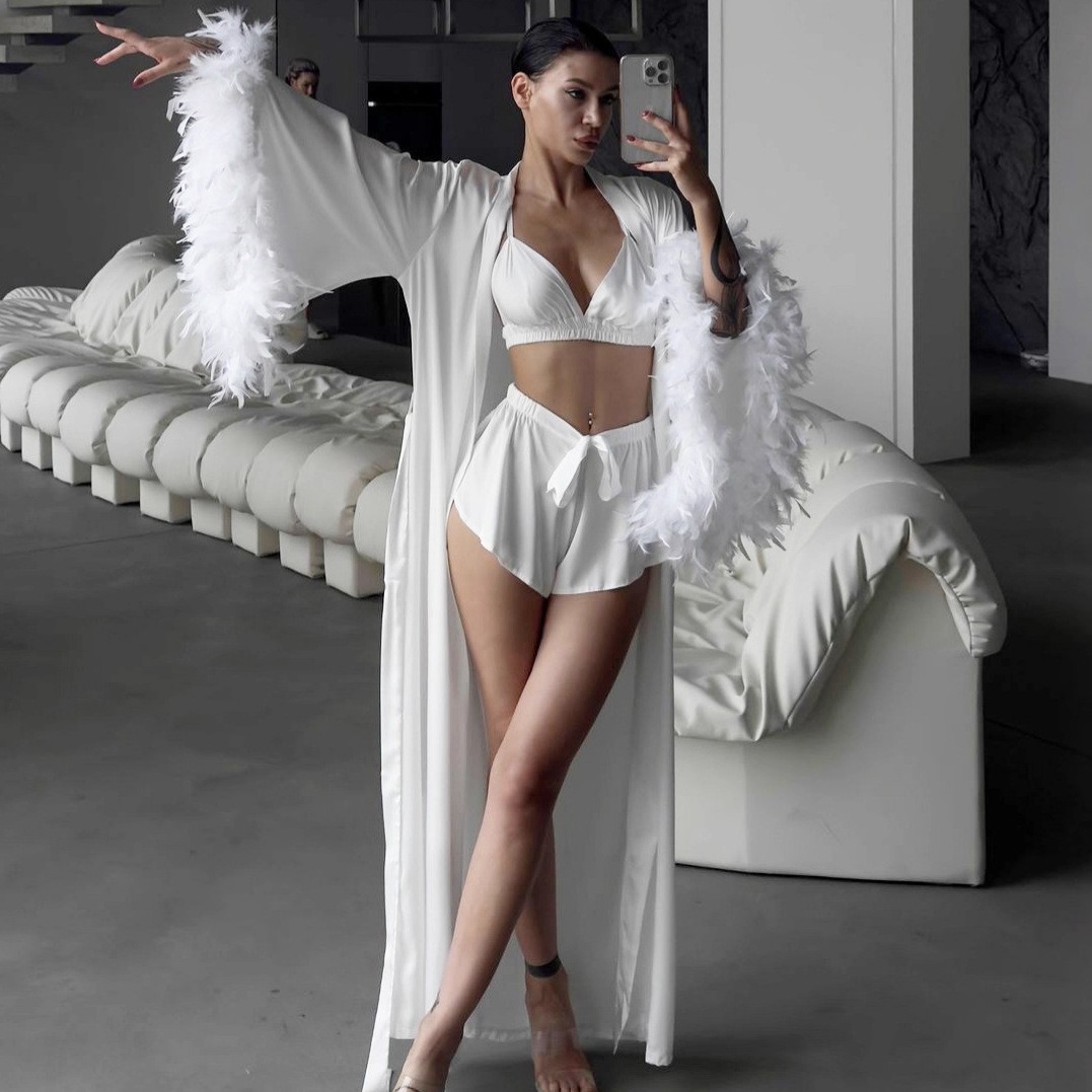 Three Set Feather Trim Robe Eu - Bathrobe ulasan dan harga